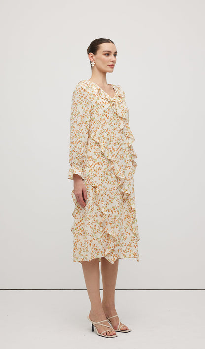 Floral V Neck Ruffled Midi Dress