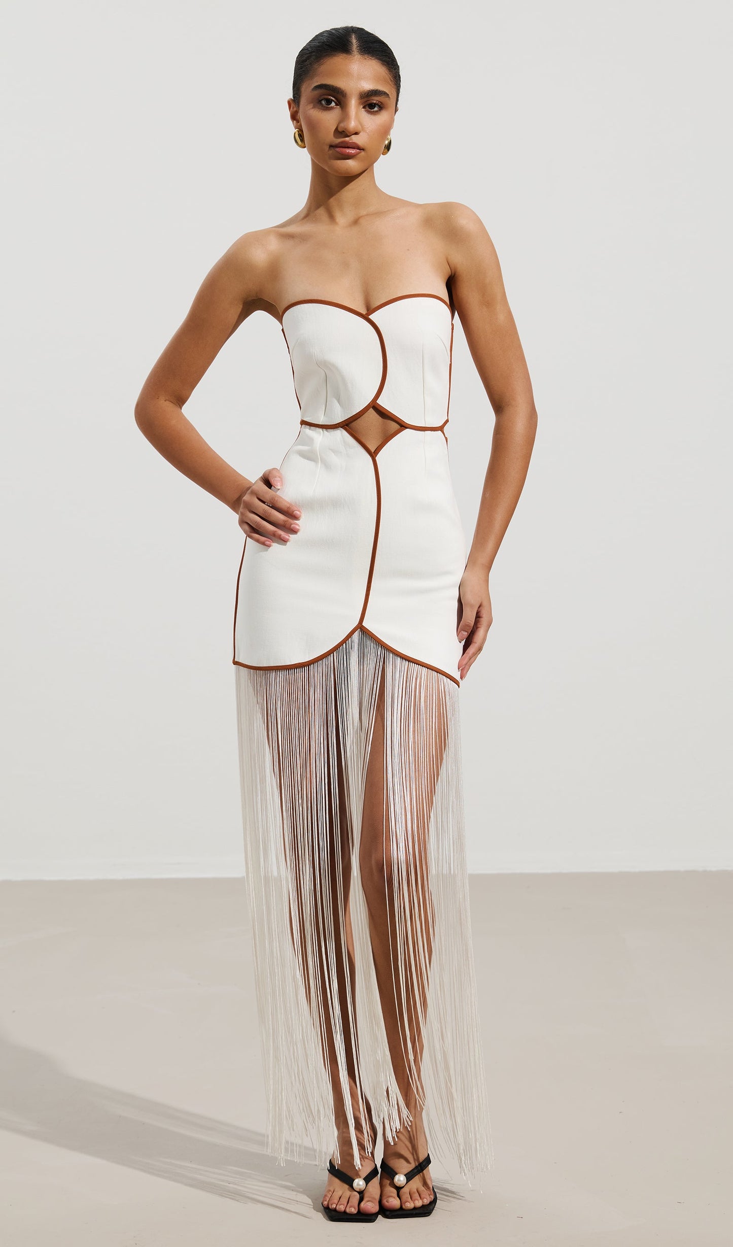 Linen Off Shoulder Hollow Out Tassel Maxi Dress