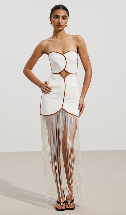 Linen Off Shoulder Hollow Out Tassel Maxi Dress