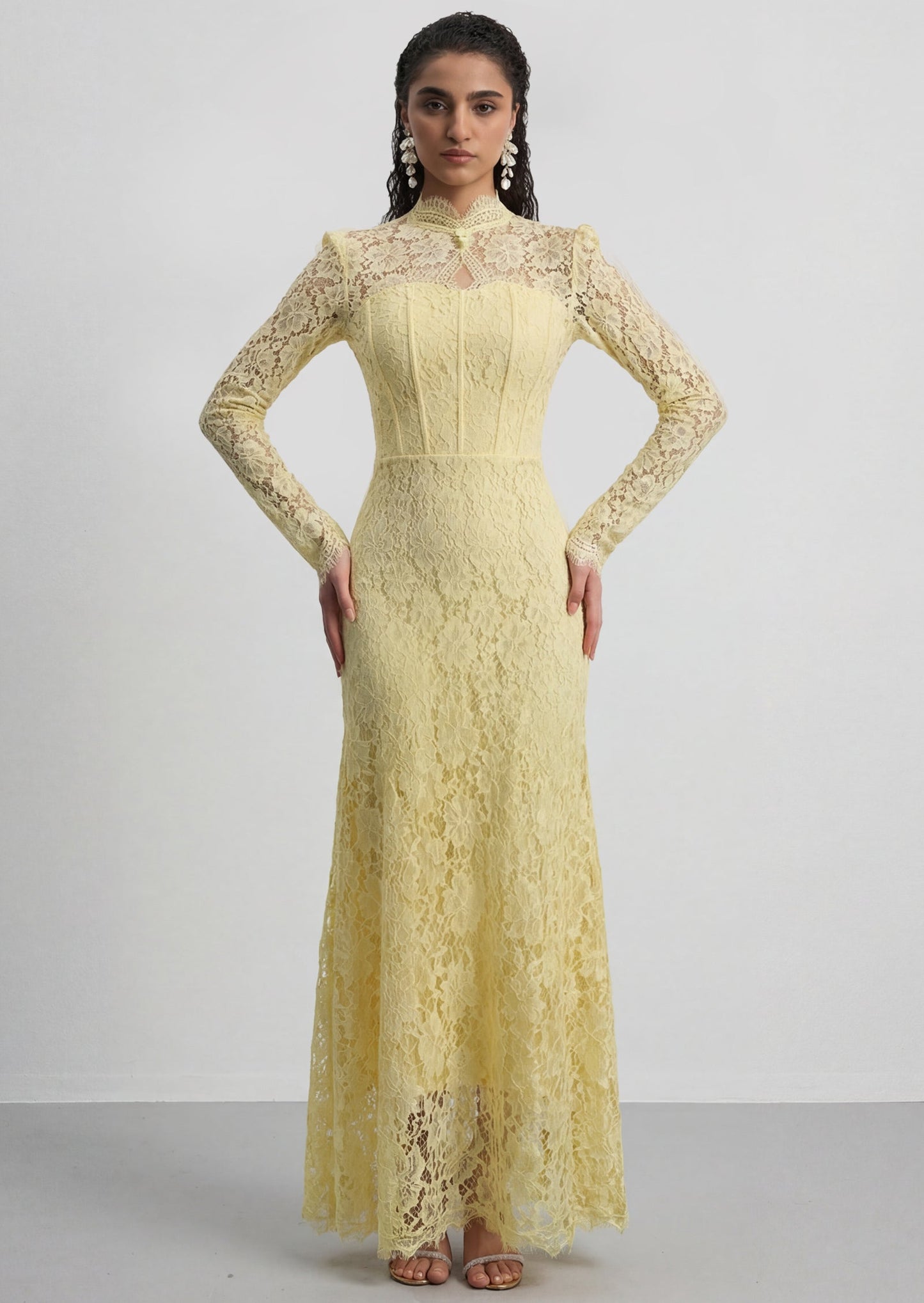 Long Sleeved Back-Tie Lace Maxi Dress In Yellow