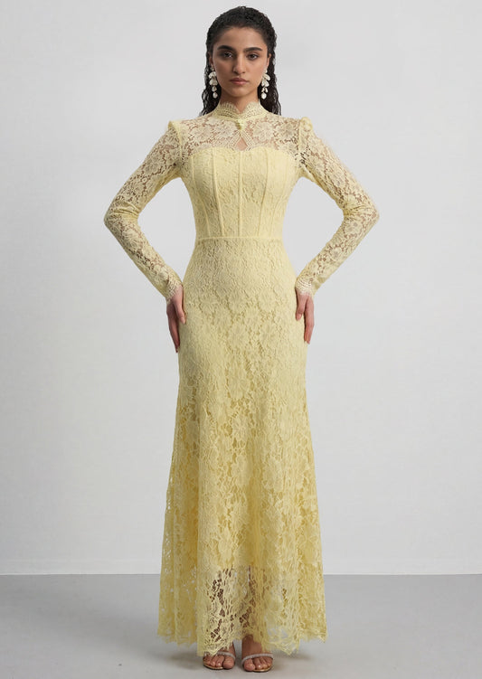 Long Sleeved Back-Tie Lace Maxi Dress In Yellow