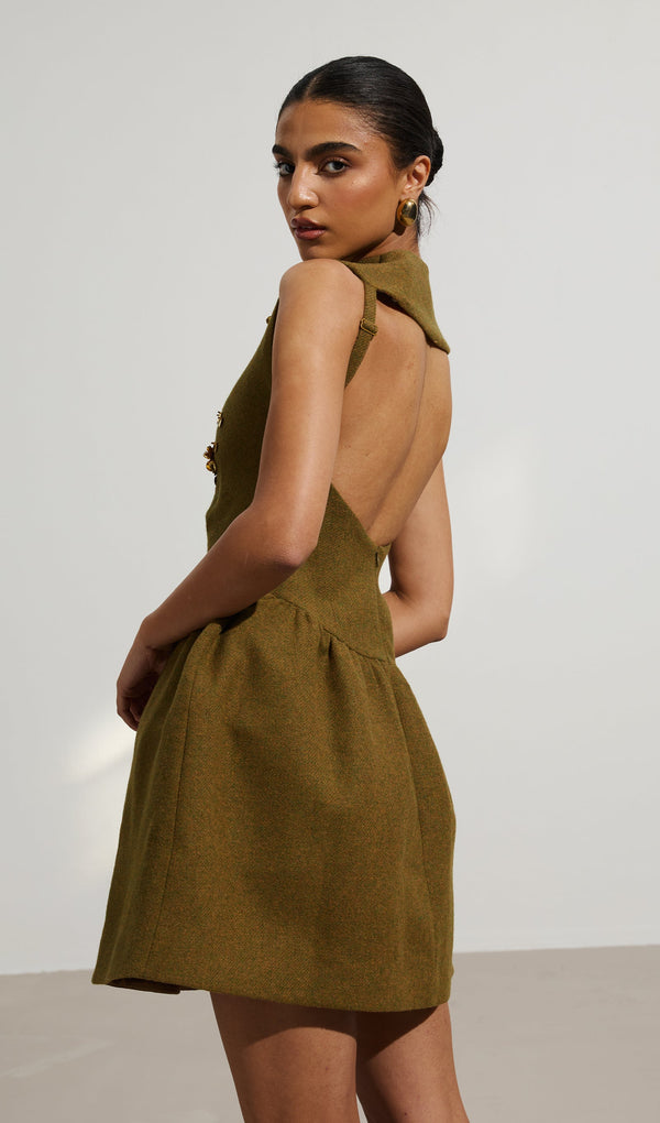 Asymmetrical Neck Embellished Mini Dress