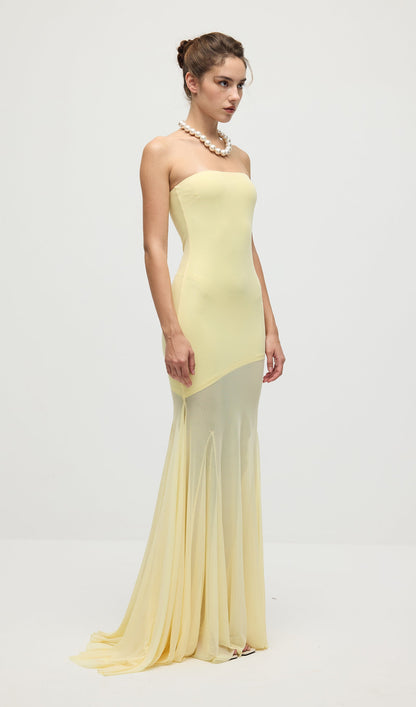 Off Shoulder Jersey With Mesh Maxi Dress In Yellow