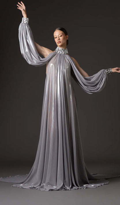 Silver Chiffon Lamé Maxi Dress With Halter Neck