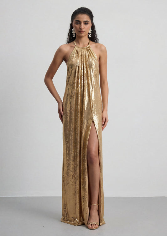 Halter Metallic Slit Maxi Gown