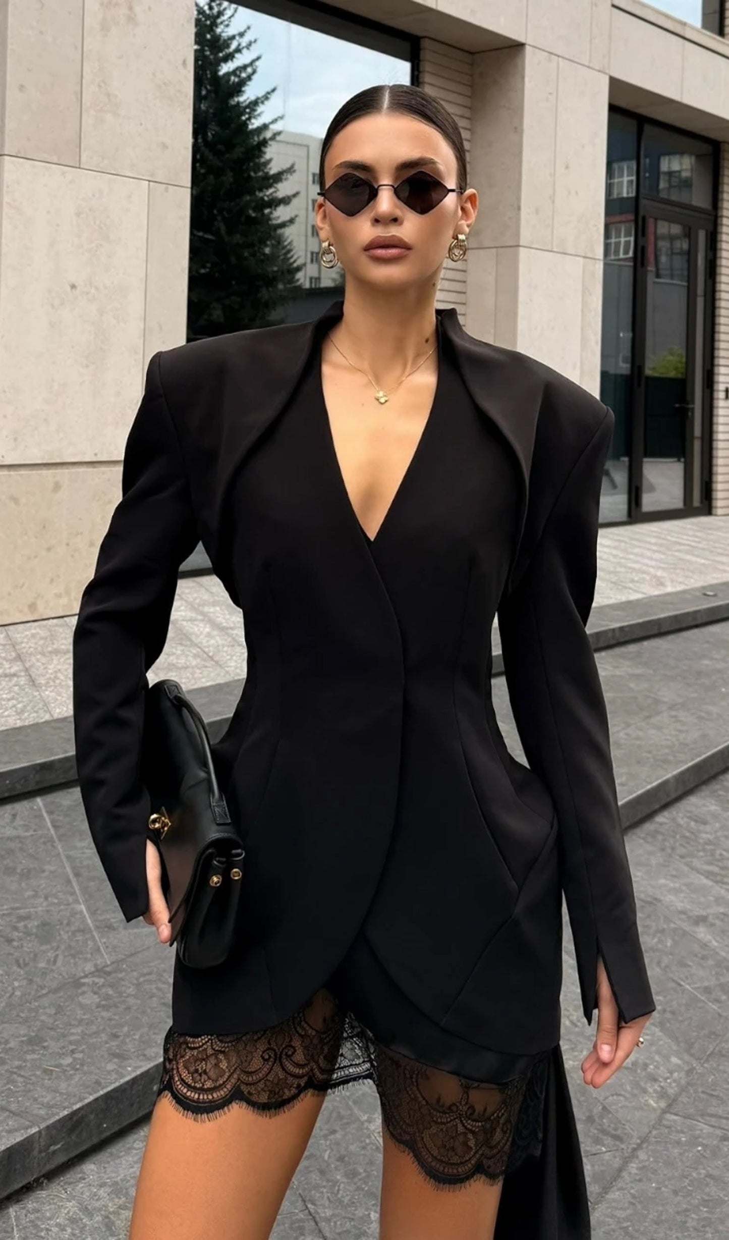 Short V-neck Suit & Sleeveless Dress Set Black