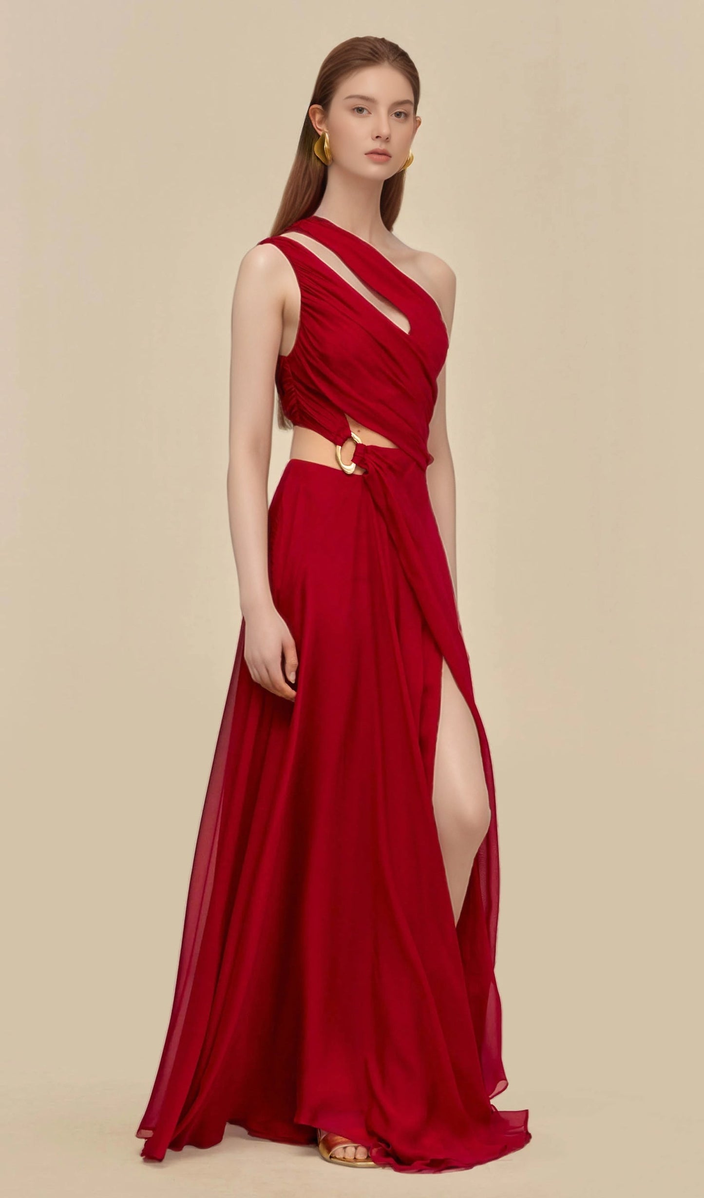 Draped One Shoulder Silk Gown In Red