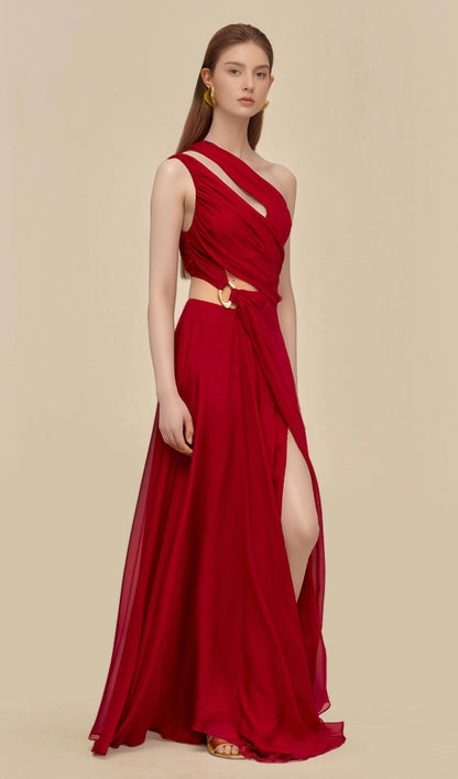 Draped One Shoulder Silk Gown In Red