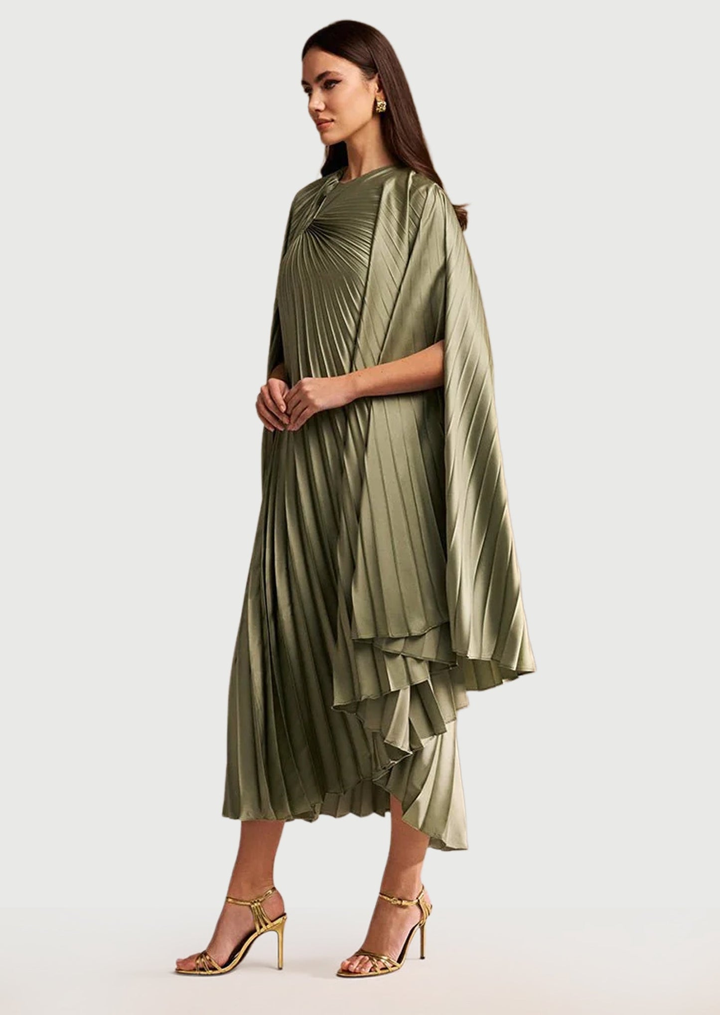 Noor Elegance Cape Pleated Satin Midi Dress