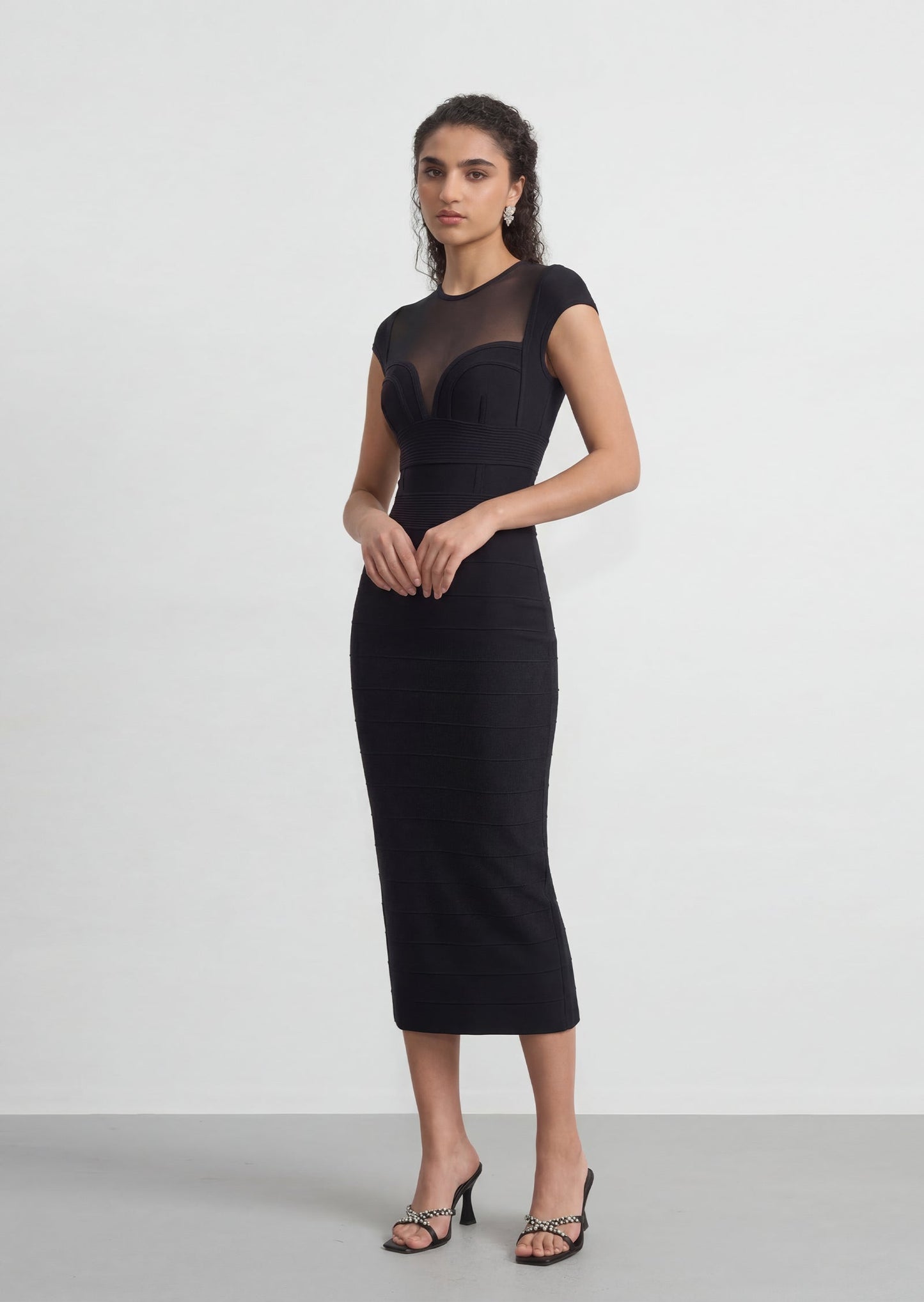 Herve Cap Sleeve Mesh Insert Midi Dress