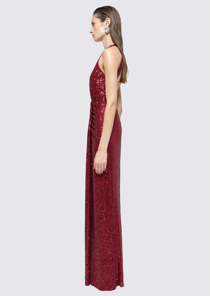 Sequined Halterneck Maxi Dress In Claret