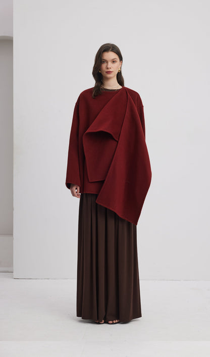 Solid Cape Style Coat-Wine Red