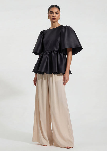 Puff Sleeve Ruffle Top In Black