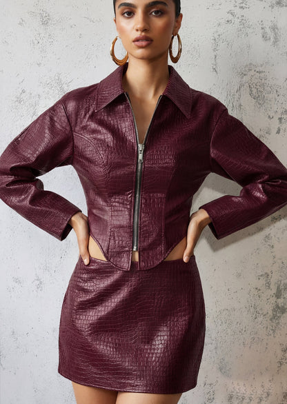 PU Leather Jacket & Mini Skirt Two-Piece Set