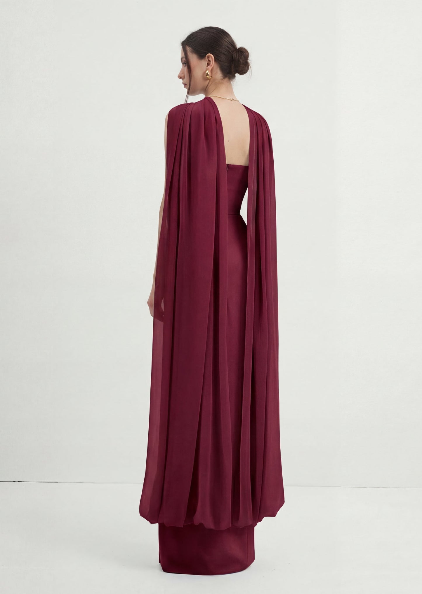 Maison Chiffon Maxi Dress With Cape In Claret