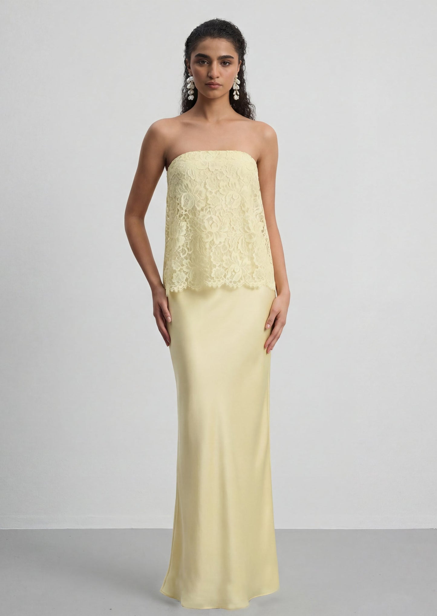 Crepe Strapless Bias Maxi Dress With Lace Overlay