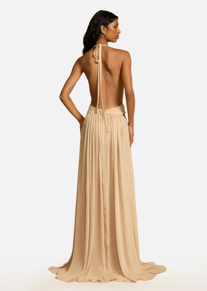 Backless Deep V Halter Neck Maxi Dress