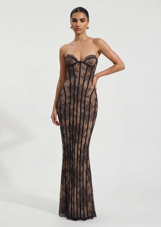 Sian Maxi Dress In Black Floral Lace