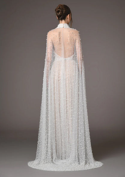 Layali Rose Cape Embellished Maxi Dress With Pearls