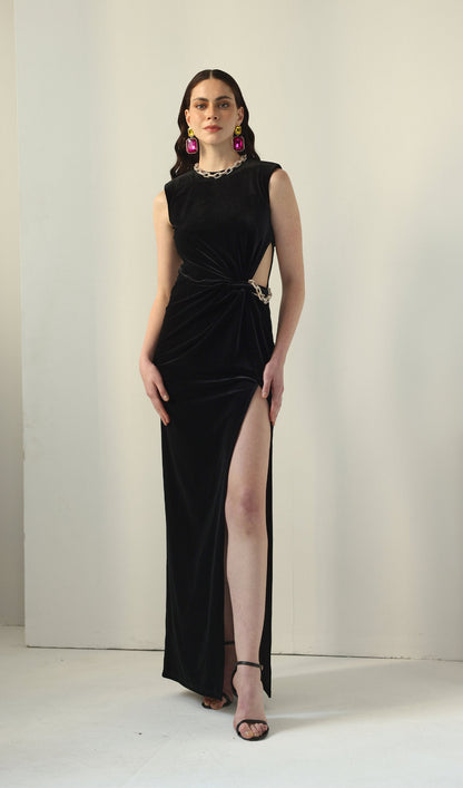 Embellished Velvet Split Maxi Dress