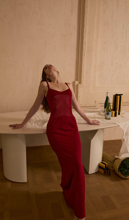 Sheer Knit Curve Maxi Dress In Red