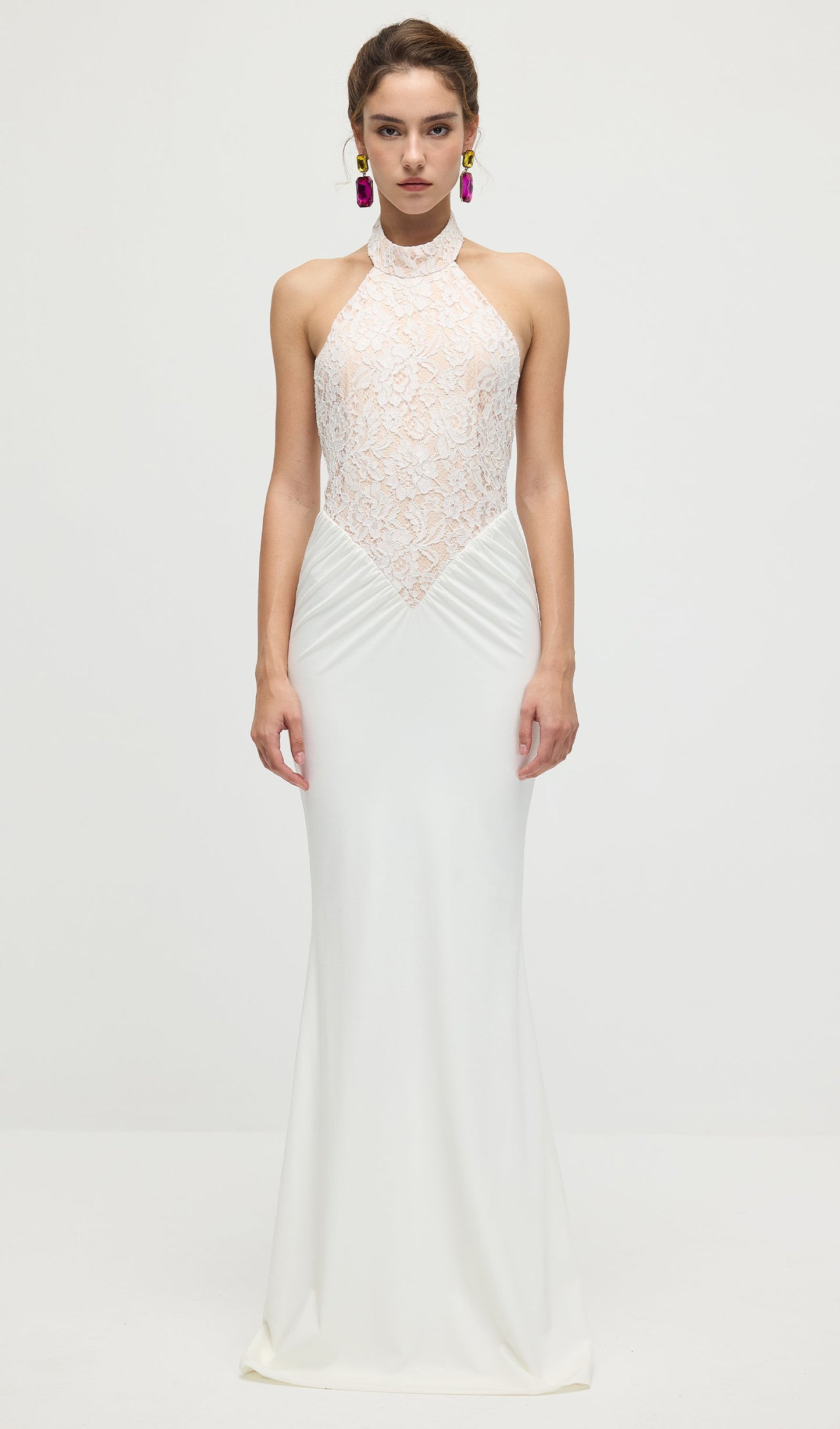 Gathered Lace Jersey Halterneck Dress