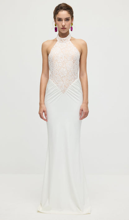 Gathered Lace Jersey Halterneck Dress