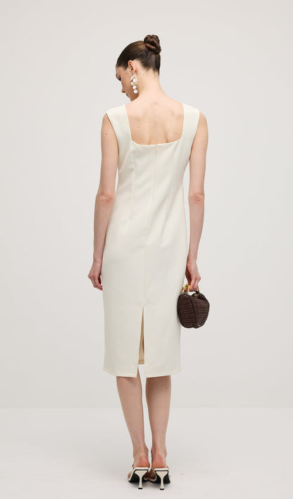 Square Neck 3D Petal Appliques Midi Dress