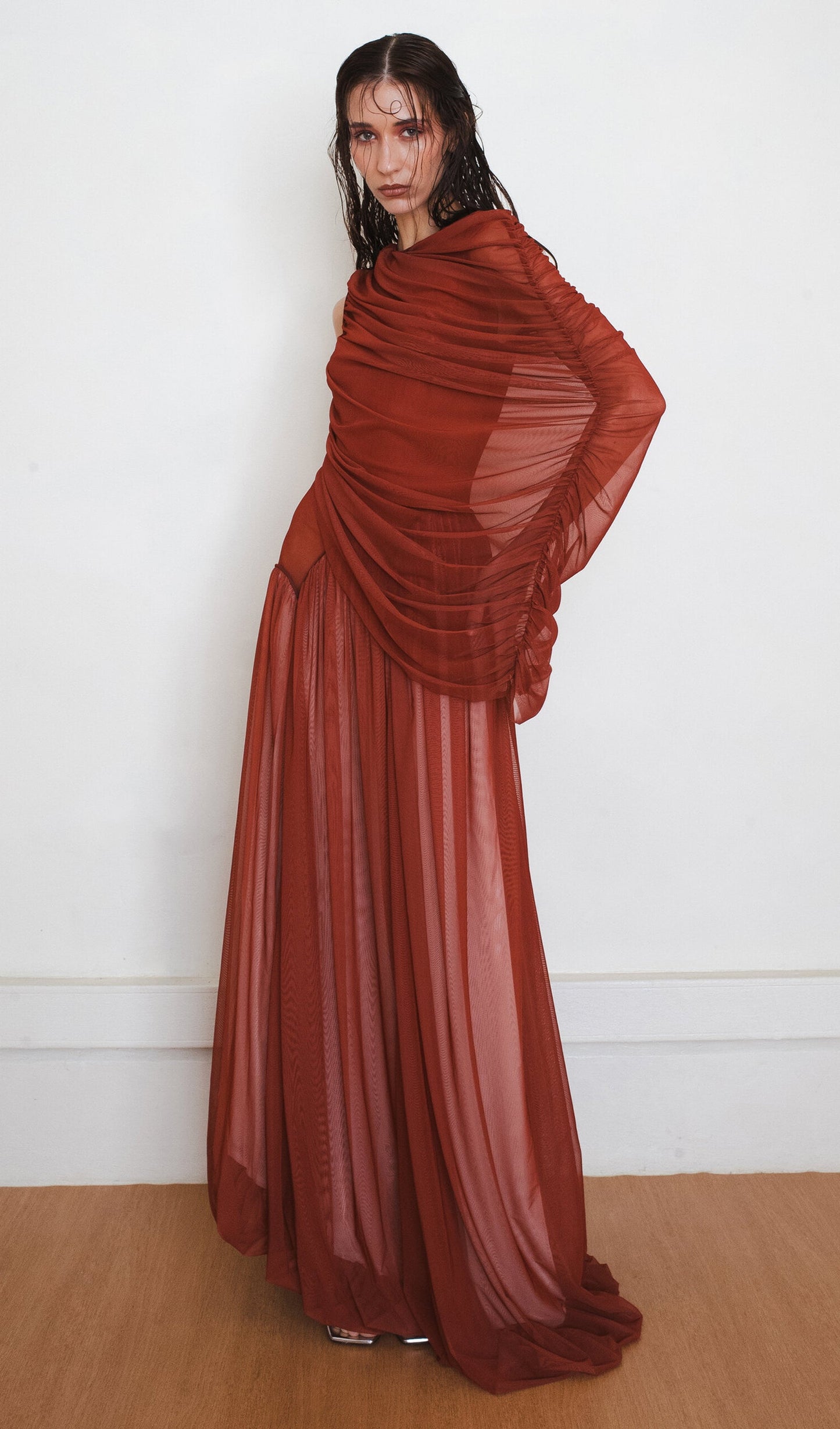 Cascade Draped Tulle-Blend Maxi Dress
