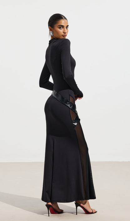 Sheer Patchwork Leather Lace-Up Maxi Dress