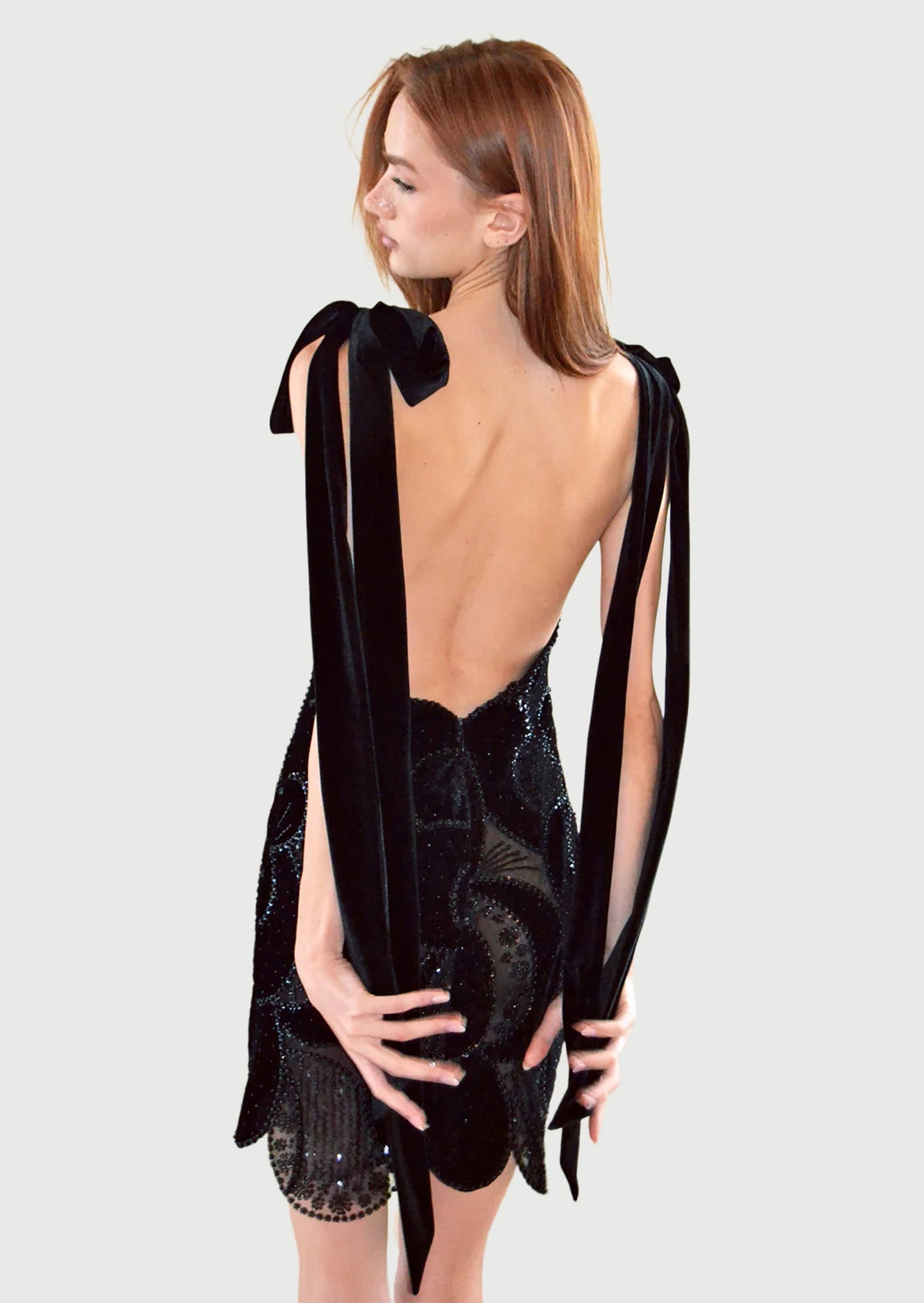 Mini Embroidered Black Velvet Gown