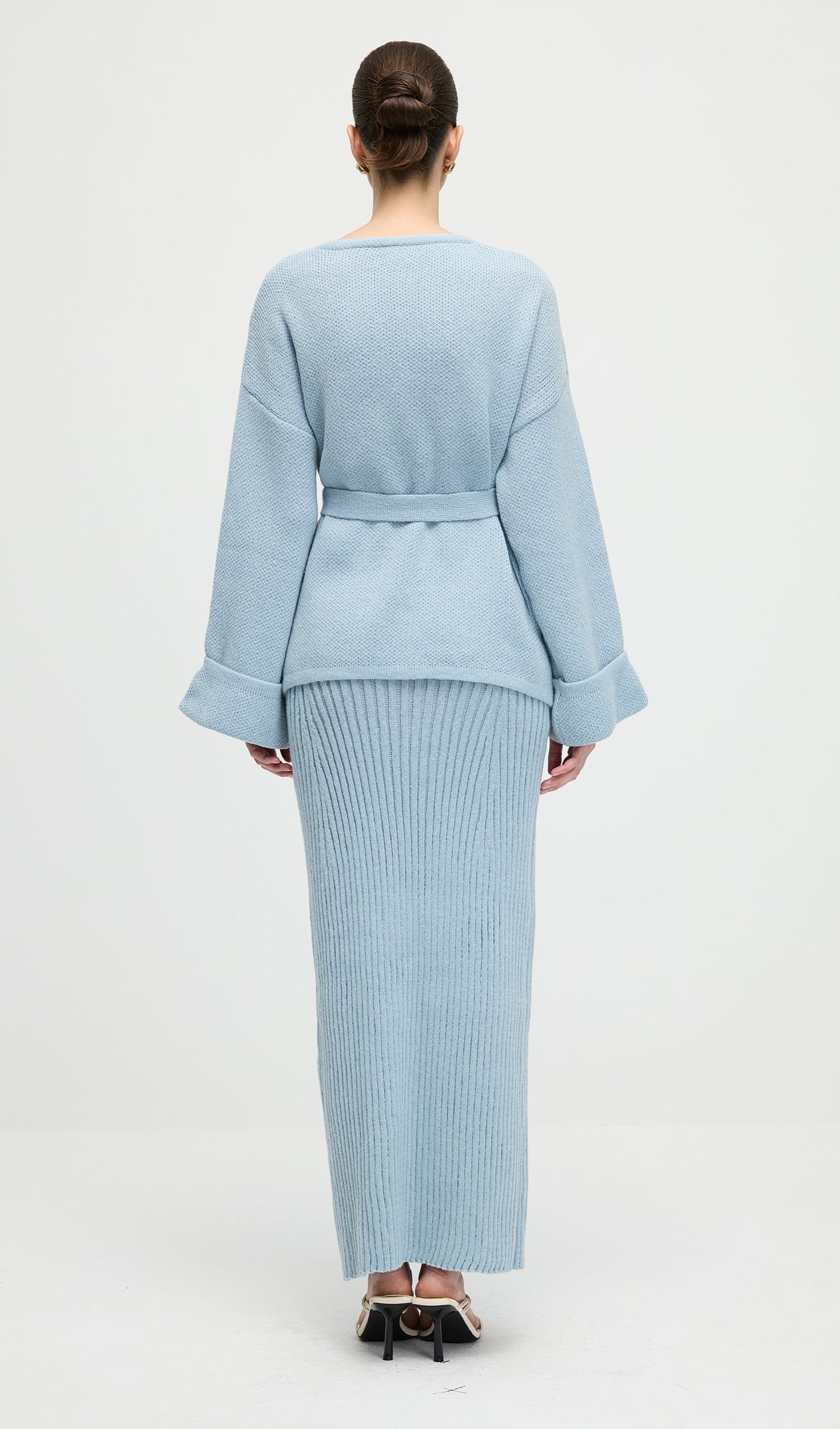 V Neck Waist Tie Knitted Top & Skirt Set
