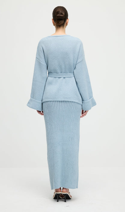 V Neck Waist Tie Knitted Top & Skirt Set