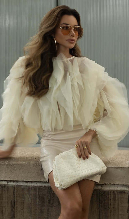 Mesh Ruffle Ruch Shirt Tops