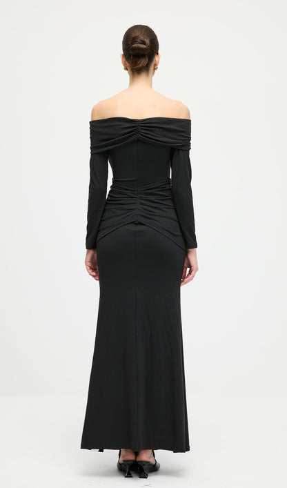 Off Shoulder Ruffle Maxi Dress In Black