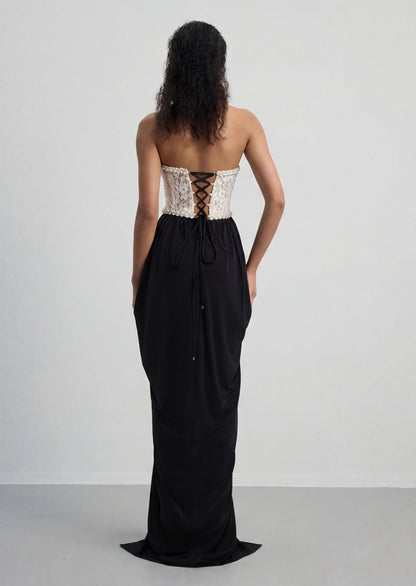 Strapless Lace Beaded Patchwork Maxi Dress