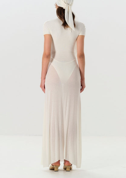 Short Sleeved Sheer Button Maxi Dress In White