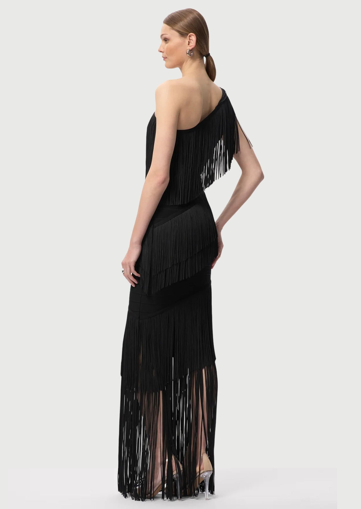 One Shoulder Cascading Fringe Maxi Dress