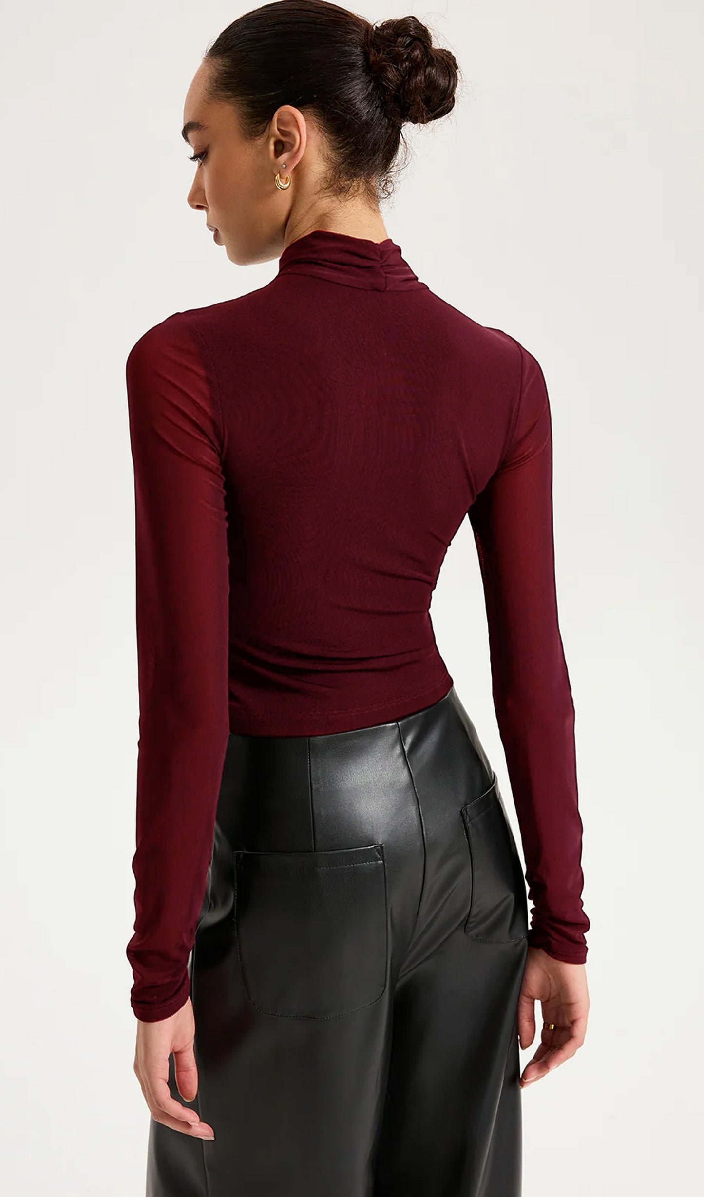 Cross-Front Sheer Mesh Long-Sleeve Top Claret