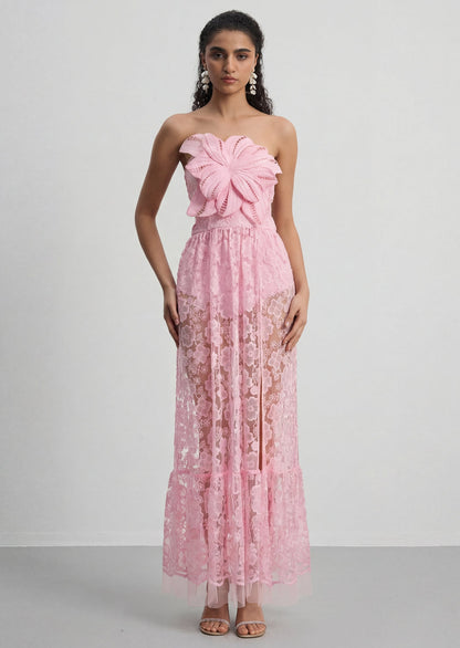 Embroidered Tulle Slit Maxi Dress In Pink
