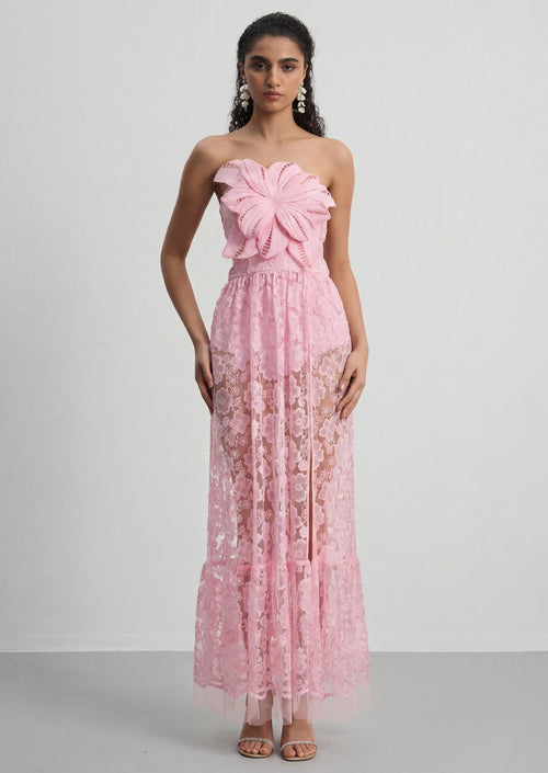 Embroidered Tulle Slit Maxi Dress In Pink