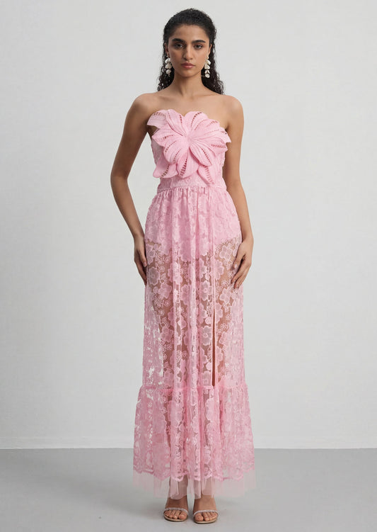 Embroidered Tulle Slit Maxi Dress In Pink