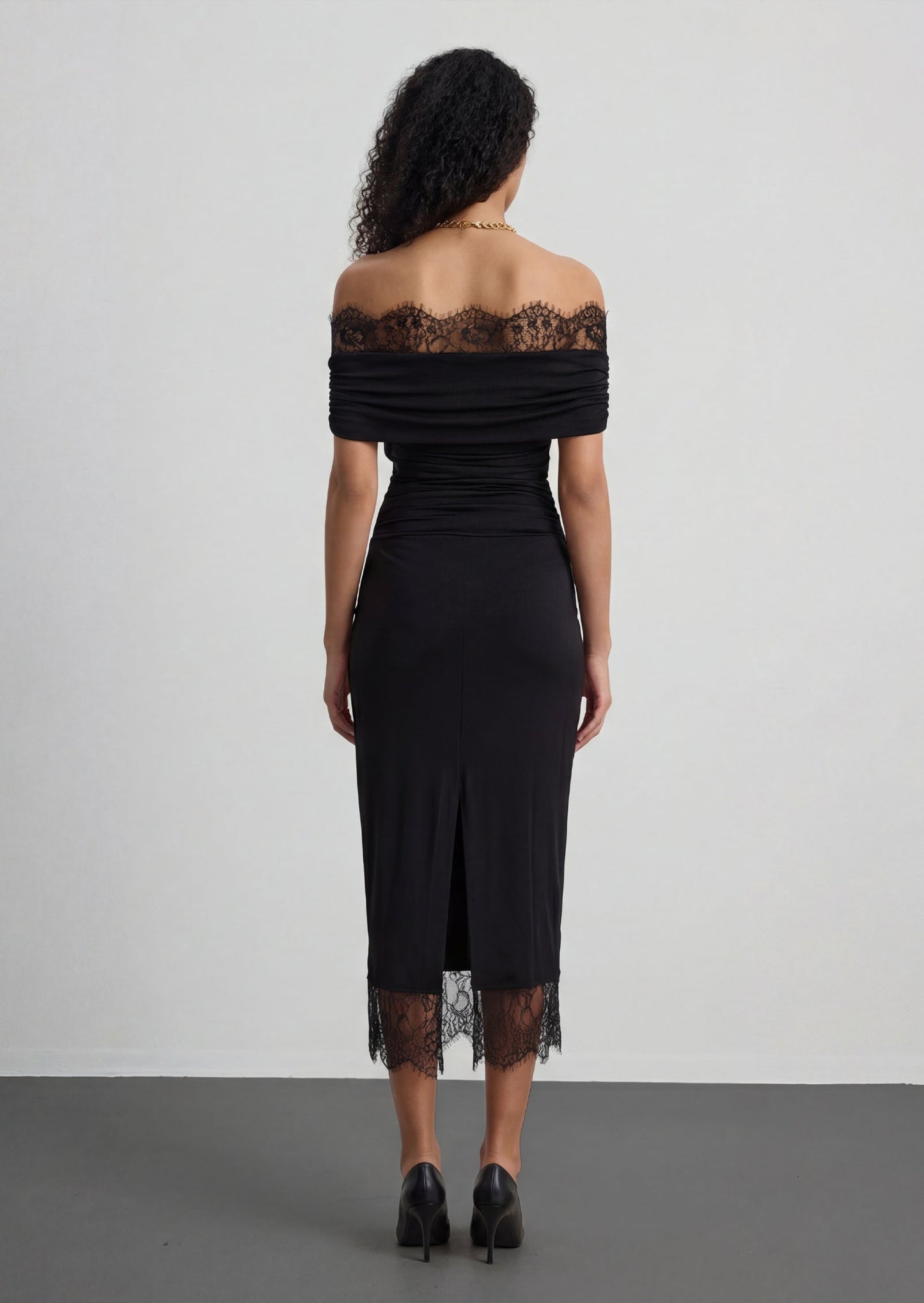 Iris Lace Trim Midi Dress In Black