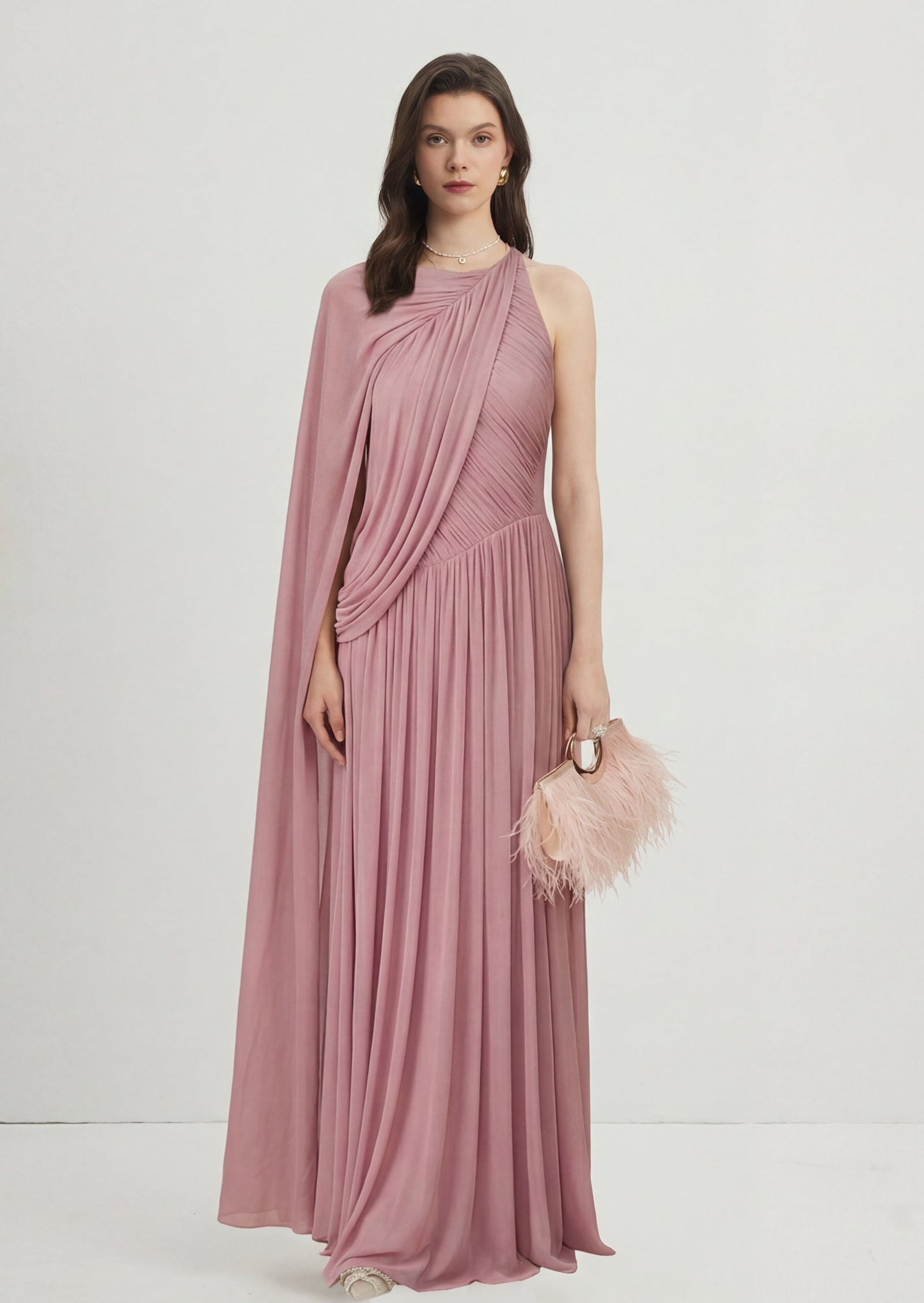 Dusty Pink One Sleeve Draped Maxi Dress