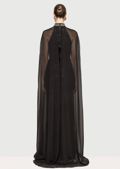 Layali Rose Cape Design Sequin Maxi Dress