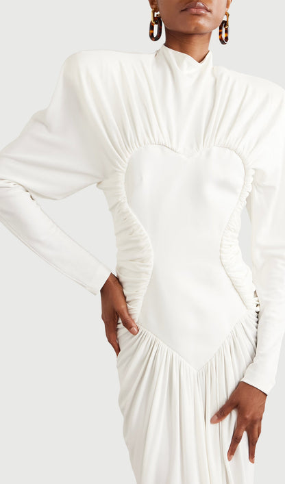 Layali Rose Mesh Paneled Ruched Crepe Gown
