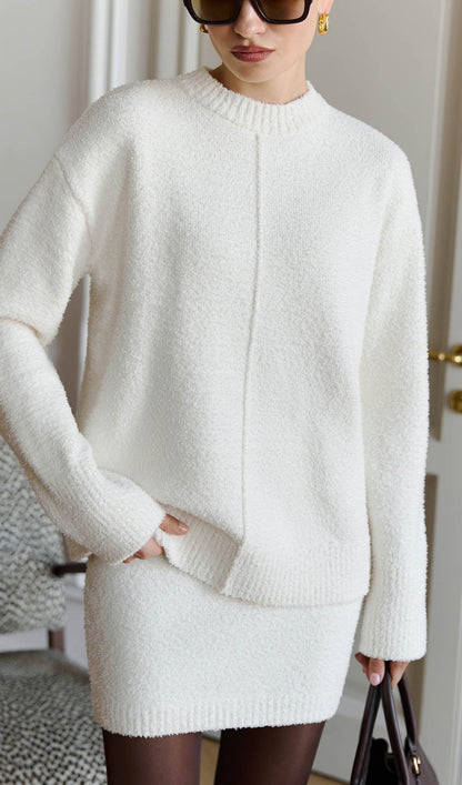 Textured Knitted Jumper & Mini Skirt Set White