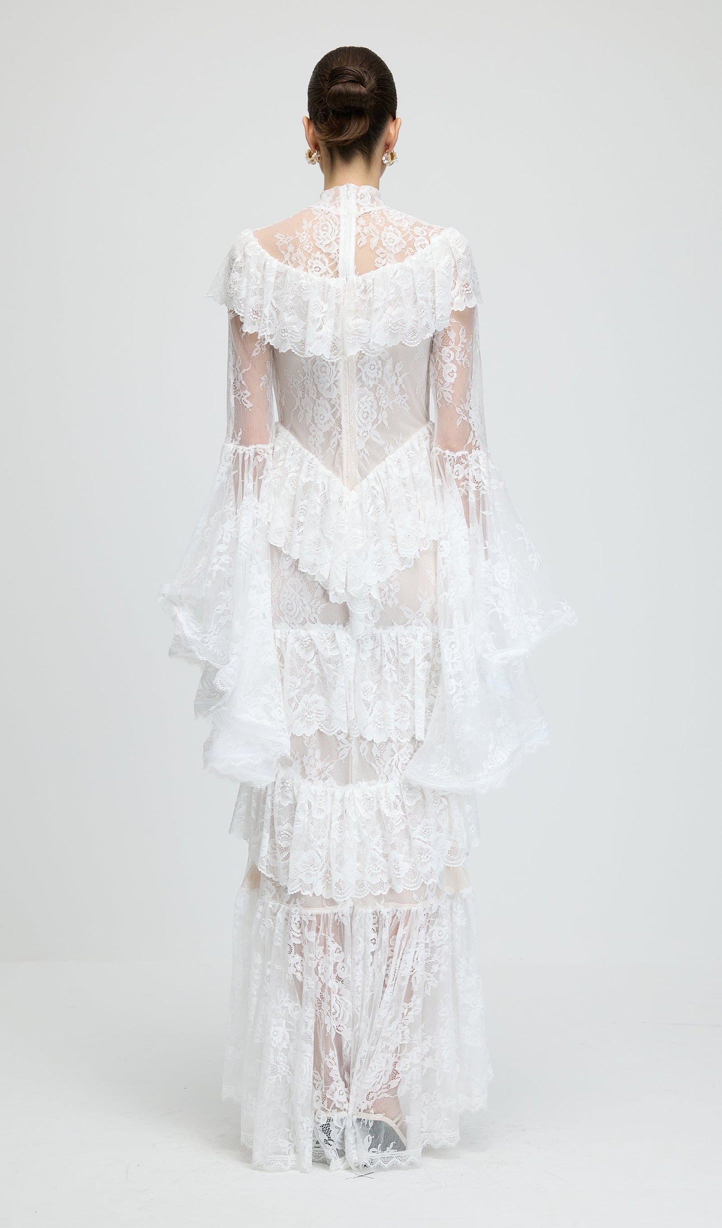 Floral Lace Ruffled Maxi Dress In White