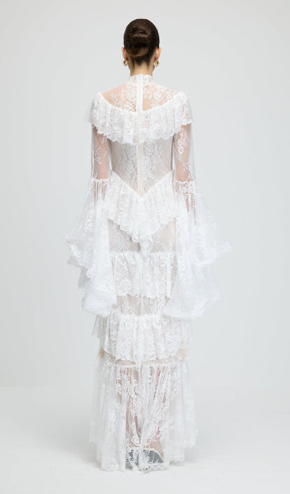 Floral Lace Ruffled Maxi Dress In White