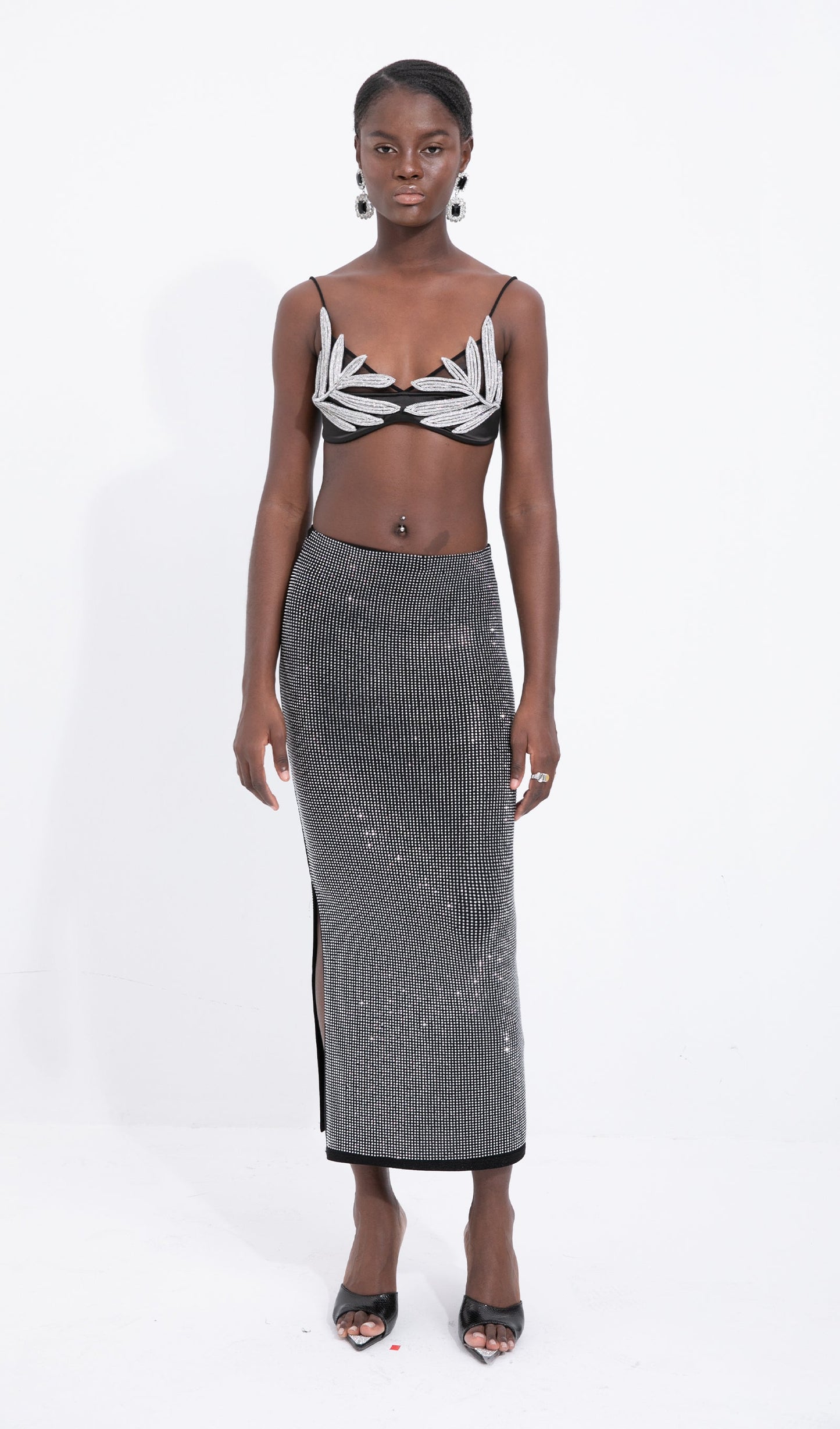 Silver-Tone Beaded Midi Skirt